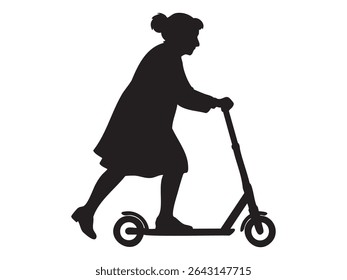 Black Silhouette of elderly woman riding a kick scooter, isolated on white background, graphic illustration. concept of eco-friendly transport, leisure, senior active lifestyle, urban commuting.