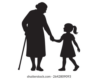 Black silhouette of elderly woman walking holding child girl s hand, isolated on white background, touching scene. concept of family, generations, love, care, grandmother and granddaughter, bonding.