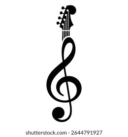 A black silhouette of an electric guitar headstock seamlessly integrated into a treble clef note against a white background. The design is simple and bold.