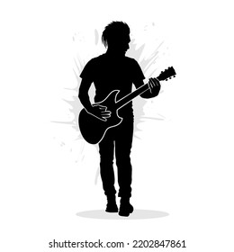 Schwarze Silhouette des elektrischen Gitarrenspielers. Vektorgrafik