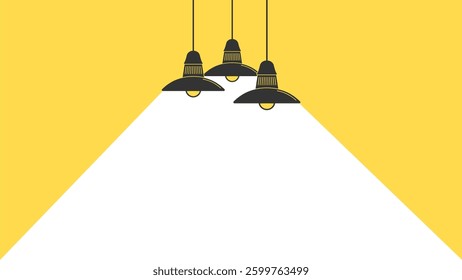 Black silhouette of electric lamps isolated on yellow background. Lamp light projector glowing with scattered rays. Projecting beam of light with place for text. Template for cinema or festive poster.