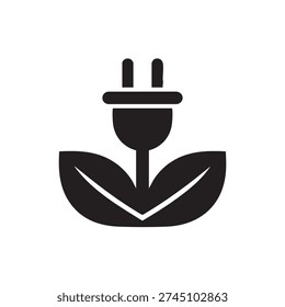 A black silhouette of an electric plug morphs into a plant with leaves, symbolizing eco-friendly energy, on a pure white background.