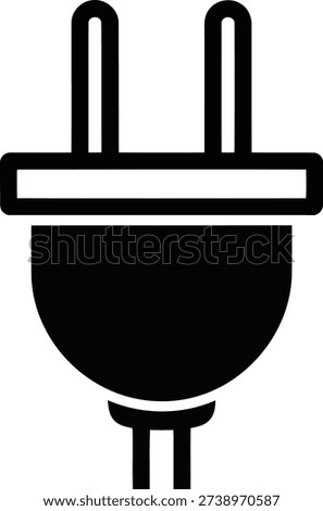A black silhouette of an electric plug with two prongs and a rounded body is centered on a white background. The graphic is a simple, clean icon.