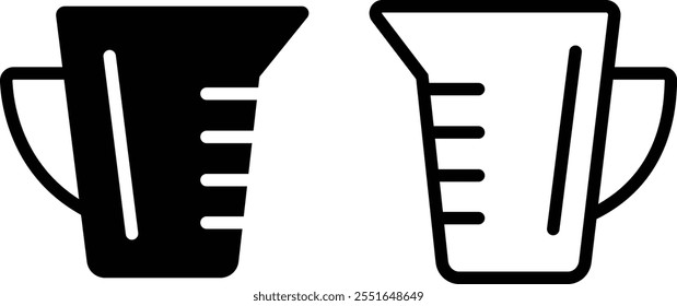 Black silhouette electricity liquid test measuring cup icon set flat and line vector collection isolated transparent background. Kitchen measuring with various amount of liquid cooking and laboratory.