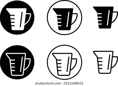 Black silhouette electricity liquid test measuring cup icon set flat and line vector collection isolated transparent background. Kitchen measuring with various amount of liquid cooking and laboratory.