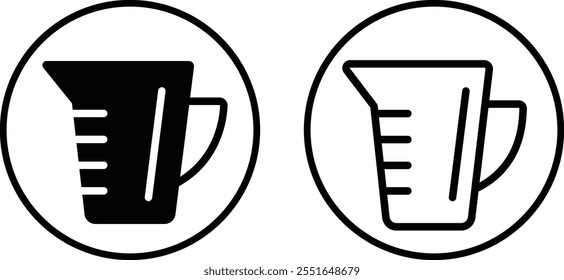 Black silhouette electricity liquid test measuring cup icon set flat and line vector collection isolated transparent background. Kitchen measuring with various amount of liquid cooking and laboratory.