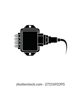Black silhouette of an electronic component with multiple pins and a curved cable extending to the right.