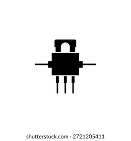 Silueta negra de un componente electrónico con tres pines sobre un fondo blanco.