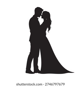 Black silhouette of an elegant loving couple embracing intimately, with the man and woman facing each other in a tender moment, symbolizing romance, commitment, and deep affection for a wedding day or special occasion.
