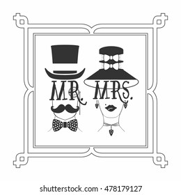 Black silhouette elegant Mr. Male & Mrs. Female icons picture frame on white background