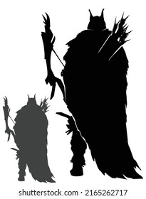 A black silhouette of an elegant warrior girl in armor with a round shield, hair fluttering in the wind and a large axe. 2d art