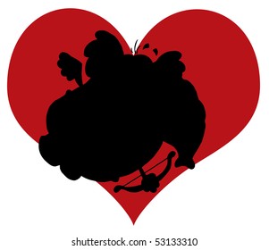 Black Silhouette Of An Elephant Cupid In Front Of A Red Heart