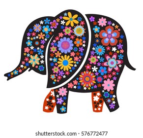 Black silhouette of elephant with naive style colorful flowers. Perfect card or any kind of design