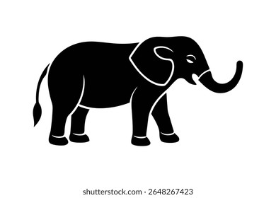 A black silhouette of an elephant is shown against a white background The image is a vector illustration with a simple and minimalist style