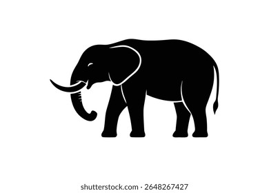 A black silhouette of an elephant is shown against a white background The image is a vector illustration and features a simple design.