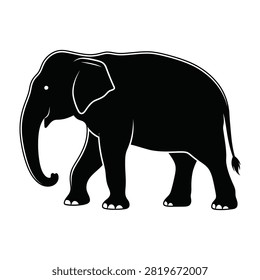 A black silhouette of an elephant standing alone on a white background, simple and iconic animal shape
