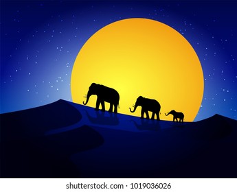 Black silhouette of elephant, wild nature. Vector illustration