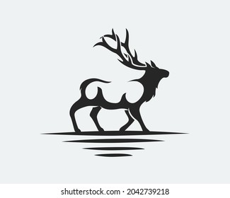 black silhouette elk deer moose antelope buck walking drawn art logo template illustration