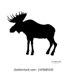 Black silhouette of elk. Isolated image of deer on white background. Wild animal of North America. Vector illustration