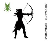 Black silhouette of elven archer with bow. Fantasy character. Games icon of scout with weapon. Isolated drawing of archery. Vector illustration