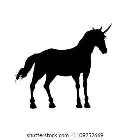 Black silhouette of elven unicorn on white background. Wild horse icon. Fantasy animal. Detailed isolated image. Vector illustration