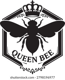 Black silhouette emblem of a queen bee inside a hexagon frame with a crown and decorative flourishes, isolated on a white background