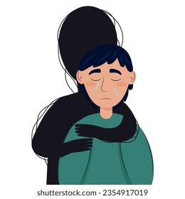 
A black silhouette embraces a crying young man. Depression. Psychological illness.