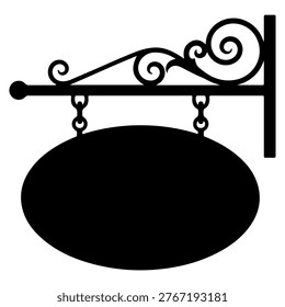 A black silhouette of an empty oval hanging sign, suspended from an ornate, scrolled metal bracket attached to a wall.