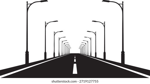 Silueta negra de una carretera vacía bordeada de farolas que conducen a la avenida de la autopista Horizon