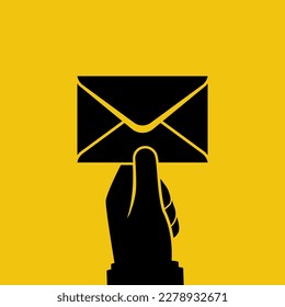 Black silhouette envelope hold in hand. Email message concept, sending. Postman gives a letter. Delivery of messages. Vector illustration flat design. Isolated on background. Email, correspondence.