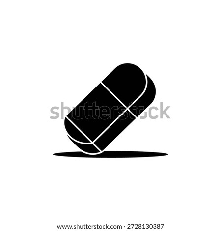 Black silhouette of an eraser casting a subtle shadow on a white background