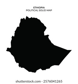 A black silhouette of Ethiopias political map outlines the countrys borders clearly, useful for educational purposes and geographic references in presentations.