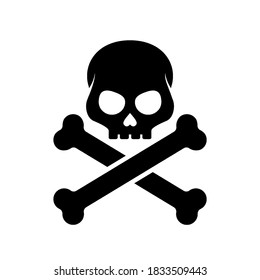 Black Silhouette of Evil Skull and Bones. Jolly Roger Icon. Death Warning, Skull and Crossbones Symbol, Poison Icon or Glyph Style Pictogram on White Backdrop