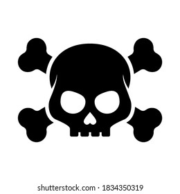 Black Silhouette of Evil Skull and Bones. Jolly Roger Icon. Death Warning, Poison Icon, Glyph Style Pictogram on White Backdrop