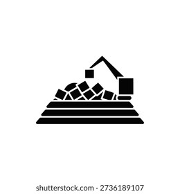Black silhouette of excavator loading blocks on pile construction site icon