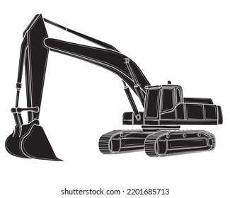 Black silhouette of Excavator with a raised bucket in isolate on a white background.Construction machinery. Vector illustration.