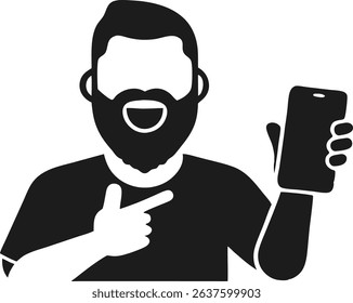 Black silhouette of excited bearded man holding smartphone and pointing with finger