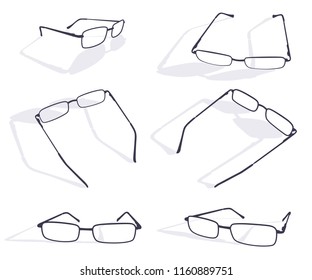 Black silhouette of eye glasses frame set. Vector flat icons isolated on white background.