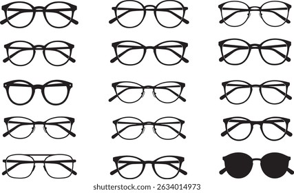 Black Silhouette Eyeglasses Collection Various Shapes and Sizes Isolated and Set of Stylish Eyeglasses Silhouettes, Minimalist Black Frames Vector