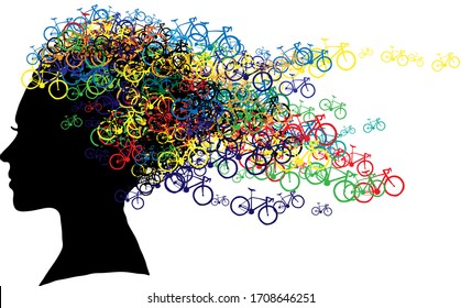 Black silhouette of the face of a girl with hair made of small bicycles isolated on white background. Hairstyle created from colorful bicycles. Illustration.