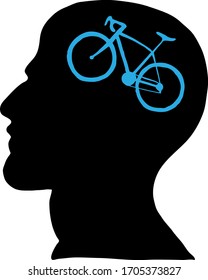 Black silhouette of a face of man with blue bike inside his head isolated on white background. Vector Illustration. 