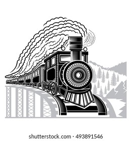 Black silhouette of face old locomotive with smoke on bridge and wild landscape. Engraving illustration isolated on white