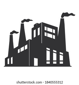 Black silhouette of a factory with smoking chimneys. Industrial building facade. Factory icon for website. Air pollution.Facility symbol.Plant sign.Vector flat illustration.Isolated white background.