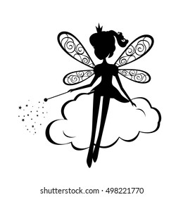 Black silhouette fairy with a magic wand sitting on on a cloud vector illustration.Fairy stencil sitting.Vector Fairy with a magic wand isolated on white background.