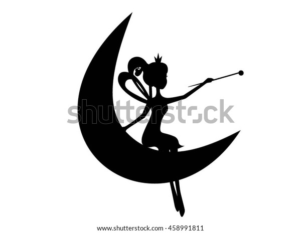 魔法の杖を持つ黒いシルエット妖精が月のベクターイラストに座っています 妖精の座るステンシル 分離型 のベクター画像素材 ロイヤリティフリー