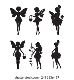 A black silhouette Fairy set, Clipart on a white Background, Simple and Clean design, simplistic