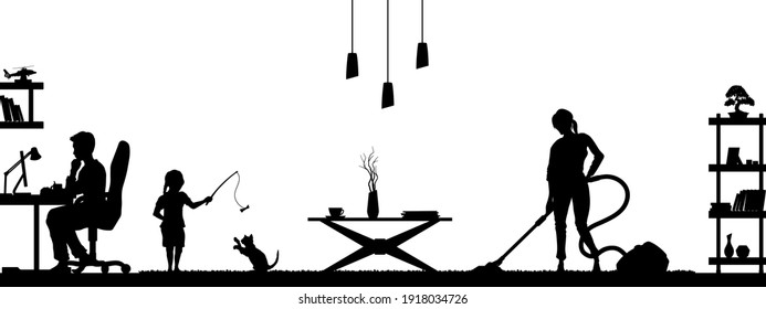 Black Silhouette Of Family In Living Room. People At Home. Domestic Scene With Daughter And Parents. Husband And Wife Scenery. Flat Interior. Vector Illustration