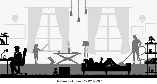Black Silhouette Of Family In Living Room. People At Home. Domestic Scene With Daughter, Son And Parents. Husband And Wife Scenery. Flat Interior. Vector Illustration