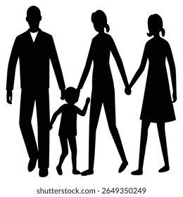 A black silhouette of a family walking together, holding hands. The family consists of a father, mother, and child.
