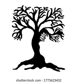 Black silhouette of a fantasy tree with cobwebs for Halloween holiday isolated on white background vector illustration